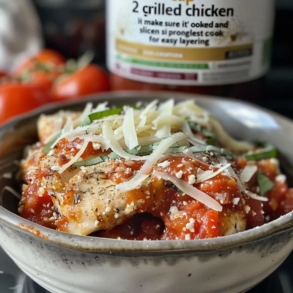 ['Close-up view of a high protein chicken parm cottage cheese bowl topped with marinara and cheese.', 'Side angle of a delicious chicken parm bowl featuring cottage cheese and grilled chicken.', 'Juicy chicken parm cottage cheese bowl with melted mozzarella and a sprinkle of parmesan.', 'Colorful dish of chicken parm with cottage cheese, garnished with herbs and marinara sauce.']