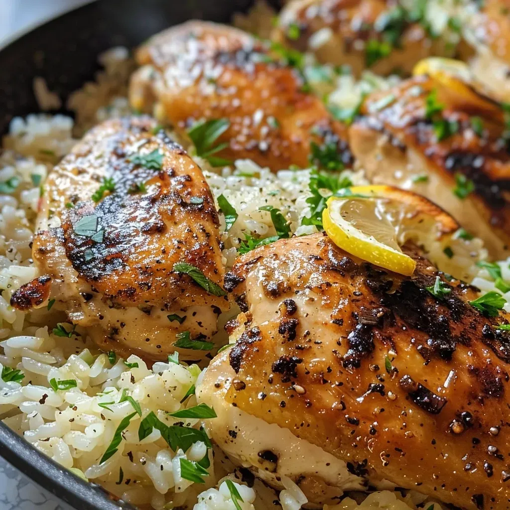 ['Close-up view of a delicious chicken and rice skillet with garnishes.', 'Juicy chicken thighs and rice mixed with herbs and spices in a skillet.', 'High-protein chicken and rice dish, garnished with parsley and lemon.', 'Colorful presentation of chicken and rice with vibrant ingredients in a skillet.']