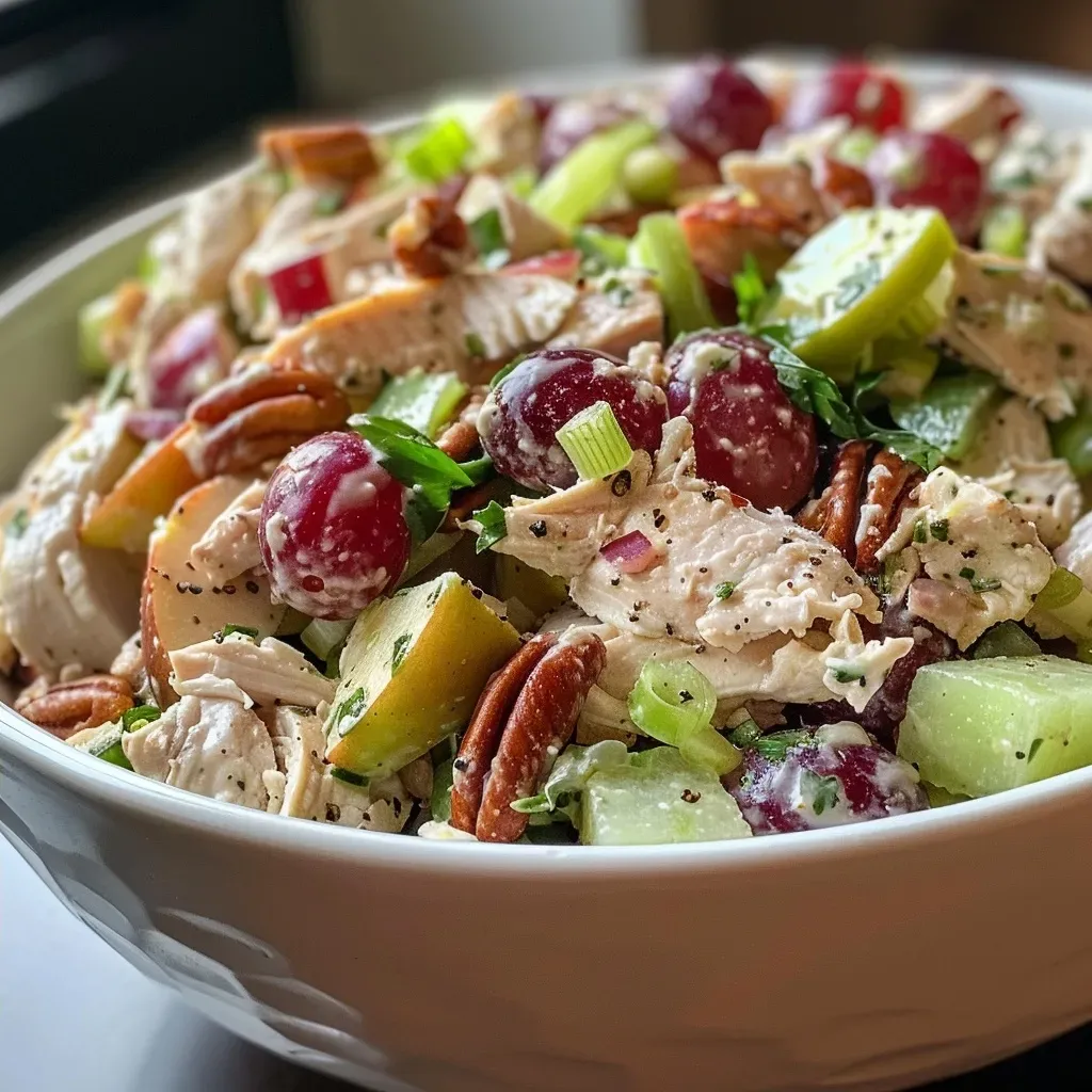 ['Close-up view of a vibrant high protein chicken salad, showcasing colorful ingredients.', 'Side angle of a delicious chicken salad, highlighting its fresh, chopped components.', 'Juicy chicken salad with grapes and apples, captured in bright natural light.', 'Detailed shot of a high protein chicken salad with green onions and pecans.']