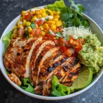['Close-up view of a colorful high-protein chicken taco bowl with various toppings.', 'Juicy grilled chicken taco bowl with vibrant ingredients like corn, lettuce, and guacamole.', 'Side view of a delicious taco bowl filled with chicken, cheese, and fresh vegetables.', 'High-protein chicken taco bowl showing layers of grilled chicken and toppings in a bowl.']
