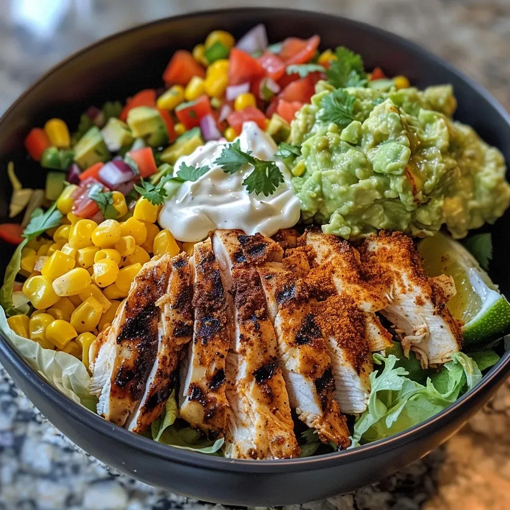 ['Close-up view of a colorful high-protein chicken taco bowl with various toppings.', 'Juicy grilled chicken taco bowl with vibrant ingredients like corn, lettuce, and guacamole.', 'Side view of a delicious taco bowl filled with chicken, cheese, and fresh vegetables.', 'High-protein chicken taco bowl showing layers of grilled chicken and toppings in a bowl.']