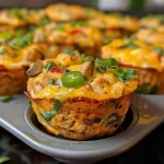 ['Close-up view of golden-brown Chicken Taco Egg Mini Muffins with toppings.', 'Side view of moist Chicken Taco Egg Mini Muffins, showcasing colorful ingredients.', 'Delicious, baked Chicken Taco Egg Mini Muffins, highlighting melted cheese and peppers.', 'Juicy Chicken Taco Egg Mini Muffins on a plate, featuring vibrant colors and textures.']