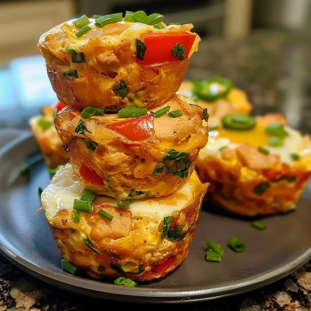 ['Close-up view of golden-brown Chicken Taco Egg Mini Muffins with toppings.', 'Side view of moist Chicken Taco Egg Mini Muffins, showcasing colorful ingredients.', 'Delicious, baked Chicken Taco Egg Mini Muffins, highlighting melted cheese and peppers.', 'Juicy Chicken Taco Egg Mini Muffins on a plate, featuring vibrant colors and textures.']
