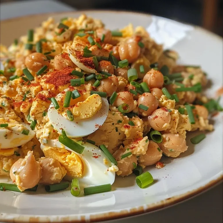 ['A close-up view of a vibrant chickpea egg salad with green onions and chives.', 'Side view of a creamy high protein chickpea egg salad placed in a bowl.', 'A textured dish featuring hard-boiled eggs and chickpeas garnished with chives.', 'A colorful salad mixture in a bowl highlighting chickpeas and diced green onions.']