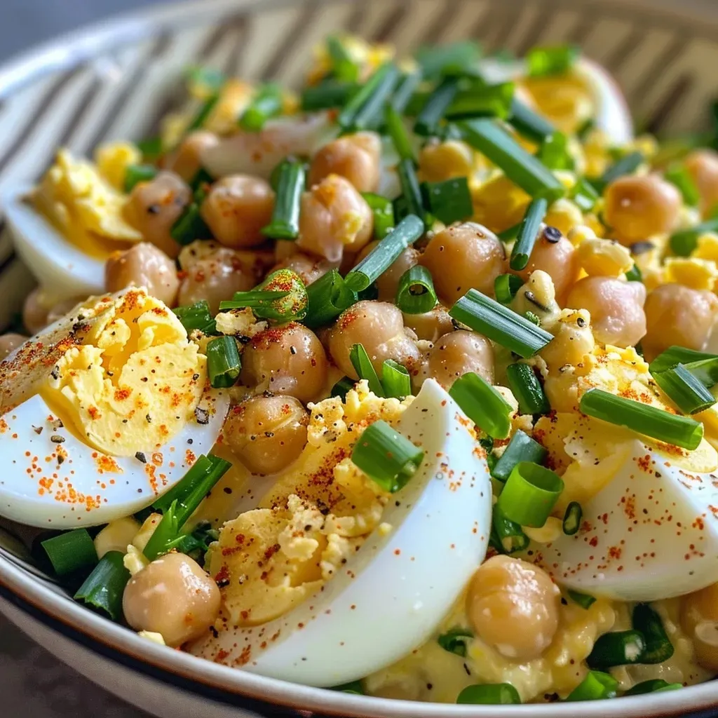 ['A close-up view of a vibrant chickpea egg salad with green onions and chives.', 'Side view of a creamy high protein chickpea egg salad placed in a bowl.', 'A textured dish featuring hard-boiled eggs and chickpeas garnished with chives.', 'A colorful salad mixture in a bowl highlighting chickpeas and diced green onions.']