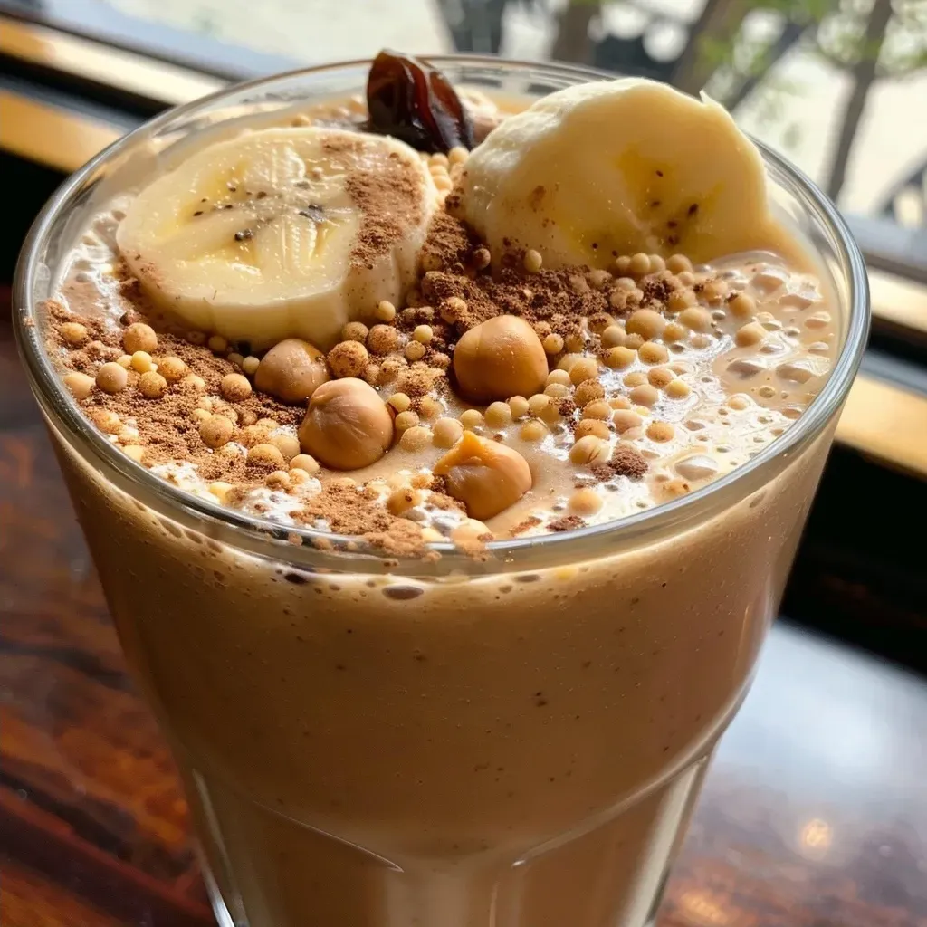 ['Close-up of a creamy chickpea smoothie in a glass with a banana and cinnamon garnish.', 'Side view of a high-protein smoothie made with chickpeas, banana, and peanut butter powder.', 'A delicious chickpea smoothie in a clear glass, displaying a smooth, thick texture.', 'Frosted glass filled with a nutrient-rich chickpea smoothie, featuring a rich golden-brown color.']
