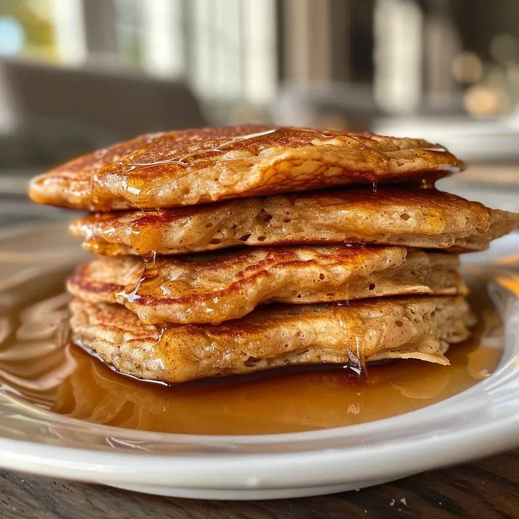 ['Close-up view of a stack of fluffy high-protein cottage cheese pancakes topped with syrup.', 'Side view of golden brown cottage cheese pancakes with a fork beside them, showcasing their texture.', 'Juicy high-protein pancakes plated with a sprinkle of cinnamon and a dollop of yogurt.', 'A delicious serving of cottage cheese pancakes with a light glaze and visually appealing toppings.']