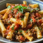 ['Close-up of creamy beef pasta topped with Parmesan cheese.', 'Side view of a bowl filled with high-protein creamy beef pasta.', 'Juicy ground beef and whole wheat pasta in a rich sauce.', 'Full dish of creamy beef pasta garnished with herbs and cheese.']