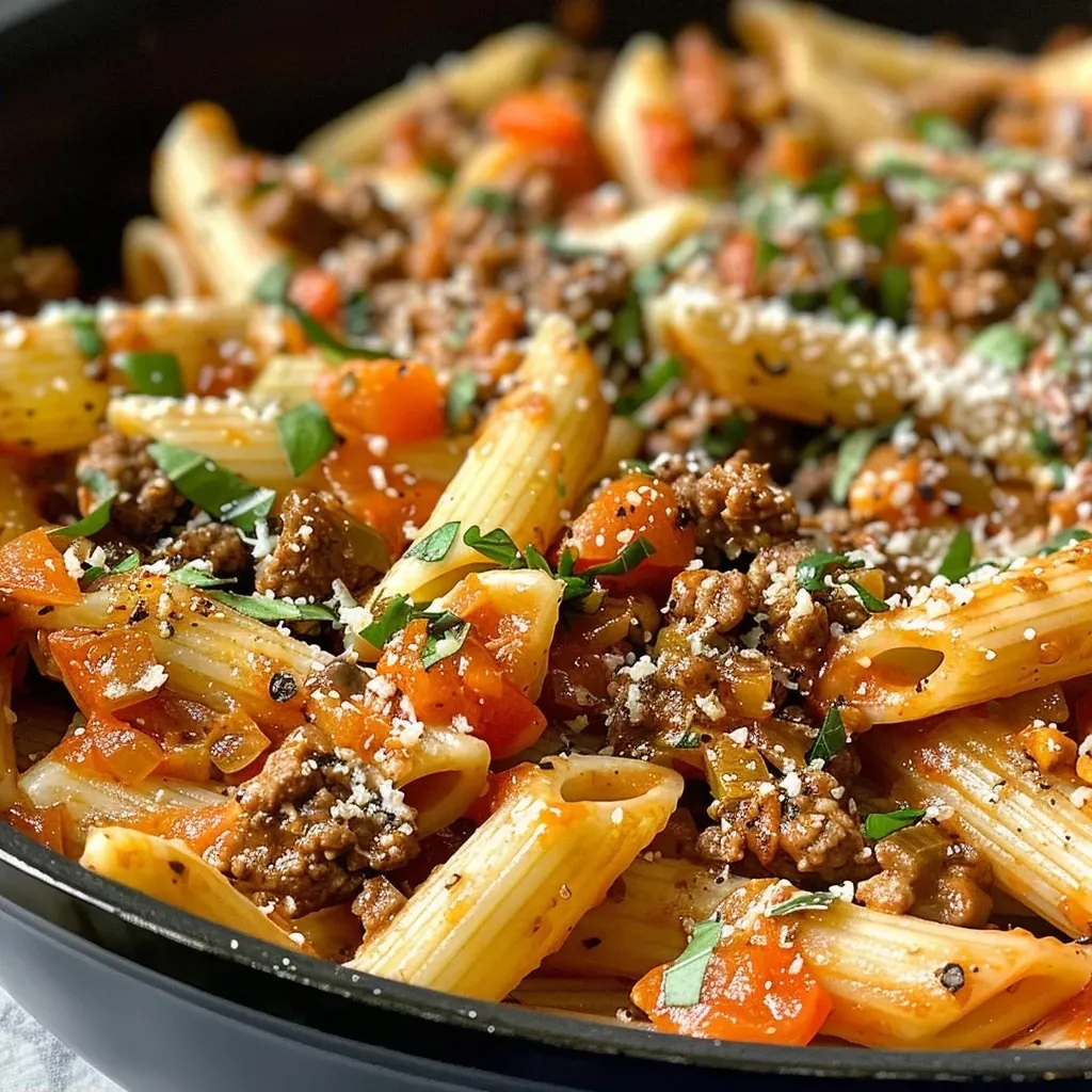['Close-up of creamy beef pasta topped with Parmesan cheese.', 'Side view of a bowl filled with high-protein creamy beef pasta.', 'Juicy ground beef and whole wheat pasta in a rich sauce.', 'Full dish of creamy beef pasta garnished with herbs and cheese.']