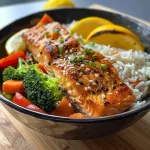 ['Close-up view of crispy salmon bowl featuring salmon fillets, rice, and colorful vegetables.', 'Side view of a salmon bowl with golden crispy salmon, rice, and bright broccoli and bell peppers.', 'Juicy salmon fillet resting on rice with a mix of vibrant vegetables in a bowl.', 'Detailed look at a protein-packed salmon bowl, showcasing crispy fish, rice, and assorted veggies.']