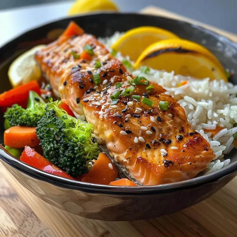 ['Close-up view of crispy salmon bowl featuring salmon fillets, rice, and colorful vegetables.', 'Side view of a salmon bowl with golden crispy salmon, rice, and bright broccoli and bell peppers.', 'Juicy salmon fillet resting on rice with a mix of vibrant vegetables in a bowl.', 'Detailed look at a protein-packed salmon bowl, showcasing crispy fish, rice, and assorted veggies.']