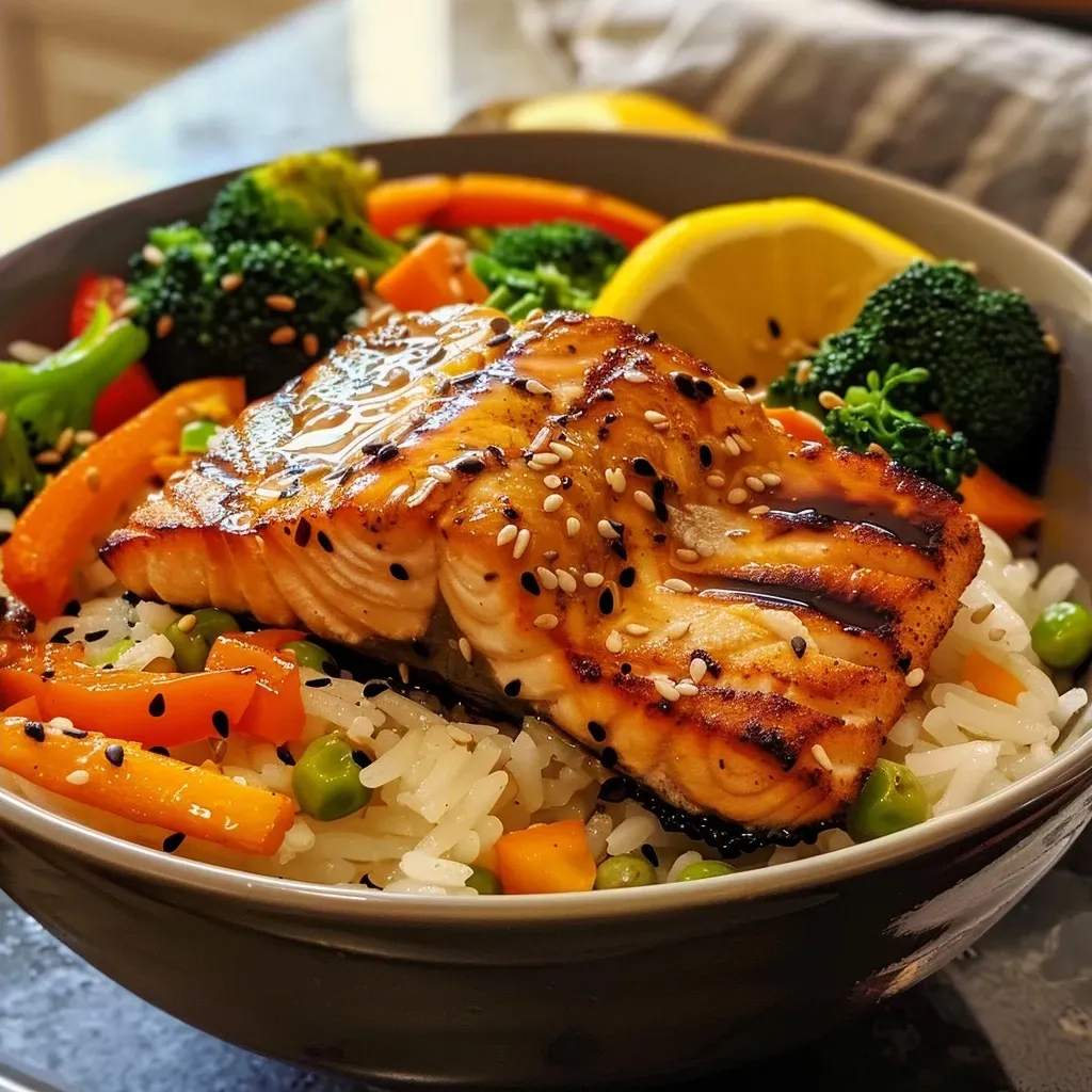['Close-up view of crispy salmon bowl featuring salmon fillets, rice, and colorful vegetables.', 'Side view of a salmon bowl with golden crispy salmon, rice, and bright broccoli and bell peppers.', 'Juicy salmon fillet resting on rice with a mix of vibrant vegetables in a bowl.', 'Detailed look at a protein-packed salmon bowl, showcasing crispy fish, rice, and assorted veggies.']