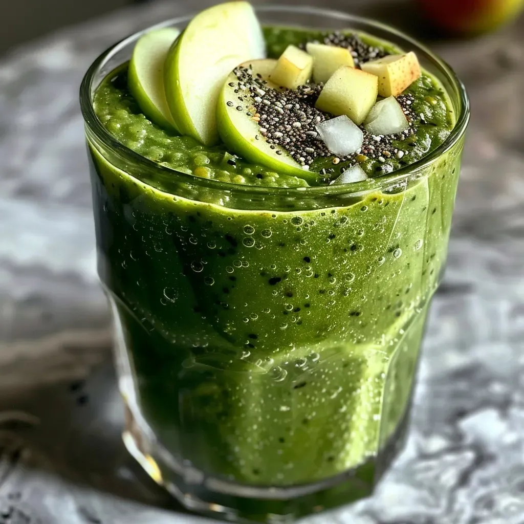 ['Close-up of a vibrant green smoothie in a glass with apple slices and chia seeds.', 'Side view of a healthy high-protein smoothie featuring green apples and lentils.', 'Juicy green smoothie with frosty texture, garnished with cinnamon and apple pieces.', 'Refreshing lentil smoothie in a glass, showcasing its green color and healthy ingredients.']