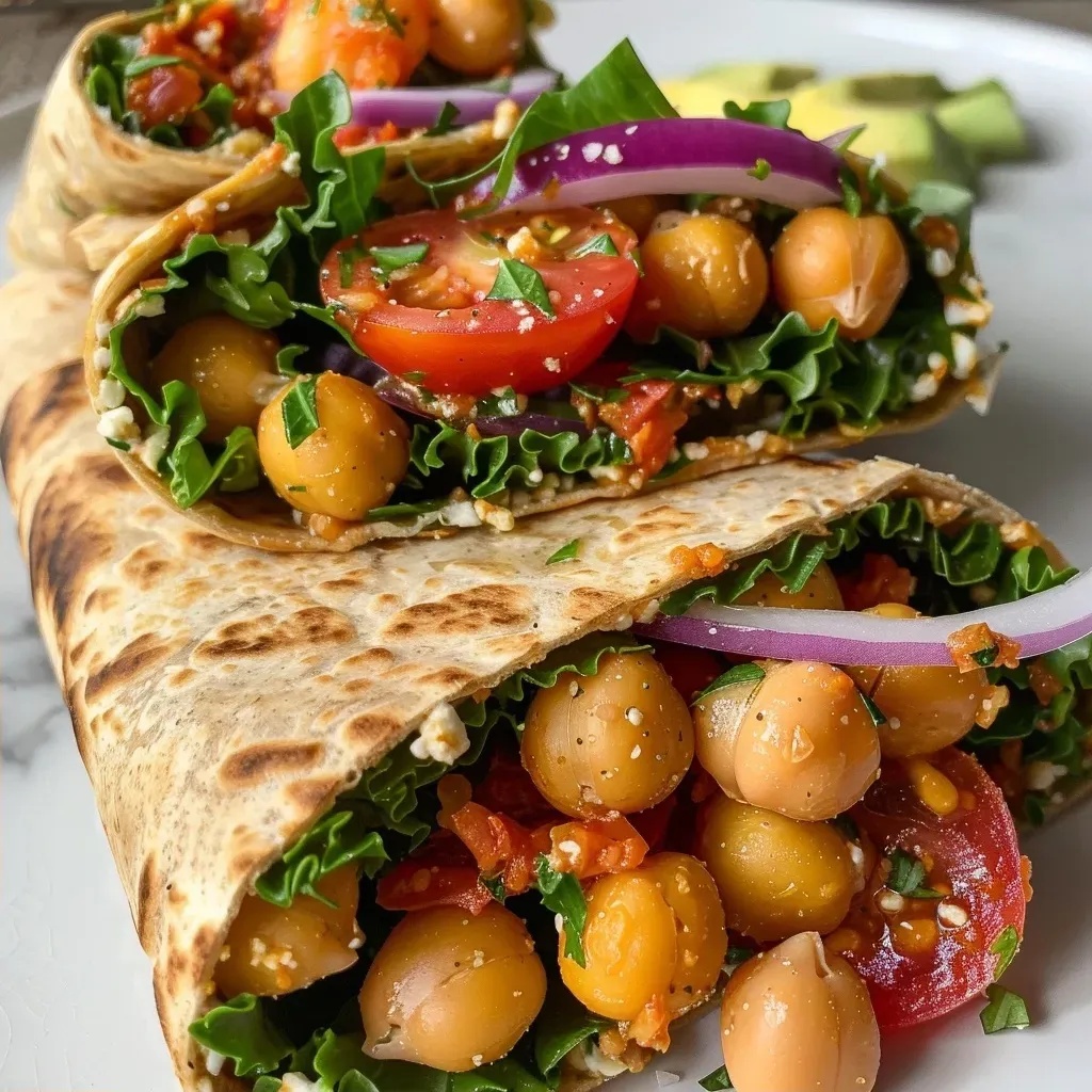 ['Close-up view of a High Protein Mediterranean Chickpeas Wrap filled with fresh vegetables and garnishes.', 'Side angle of a Mediterranean Chickpeas Wrap showcasing vibrant ingredients and creamy sauces.', 'Detailed shot of a wrapped Mediterranean dish featuring chickpeas, greens, and colorful veggies.', 'Juicy Mediterranean Chickpeas Wrap displayed with rich textures and fresh ingredients.']