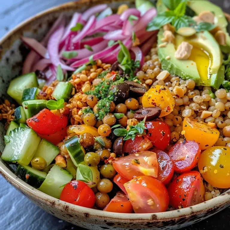 ['Close-up side view of a vibrant Mediterranean grain bowl with colorful ingredients.', 'High-protein lentil and grain bowl featuring fresh vegetables and herbs.', 'Detailed image of a healthy Mediterranean bowl filled with grains and legumes.', 'Close-up of a nutritious bowl showcasing lentils, grains, and assorted toppings.']