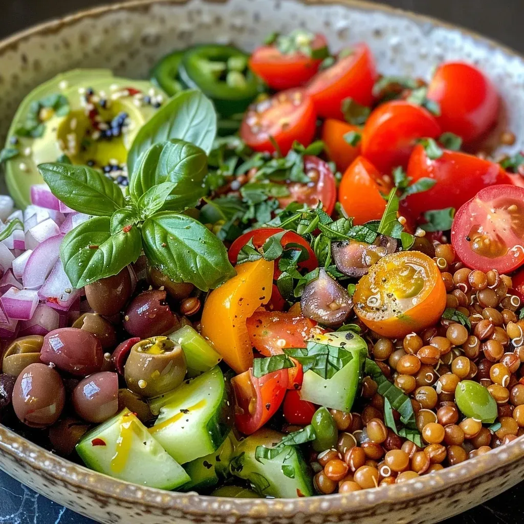 ['Close-up side view of a vibrant Mediterranean grain bowl with colorful ingredients.', 'High-protein lentil and grain bowl featuring fresh vegetables and herbs.', 'Detailed image of a healthy Mediterranean bowl filled with grains and legumes.', 'Close-up of a nutritious bowl showcasing lentils, grains, and assorted toppings.']