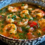 ['A close-up view of a bowl of Mediterranean shrimp soup filled with shrimp, vegetables, and herbs.', 'Side view of a colorful shrimp soup featuring tomatoes, spinach, and garnished with herbs.', 'Juicy shrimp and vibrant vegetables in a rustic bowl of Mediterranean soup.', 'A hearty portion of shrimp soup highlighting fresh ingredients like bell peppers and dill.']