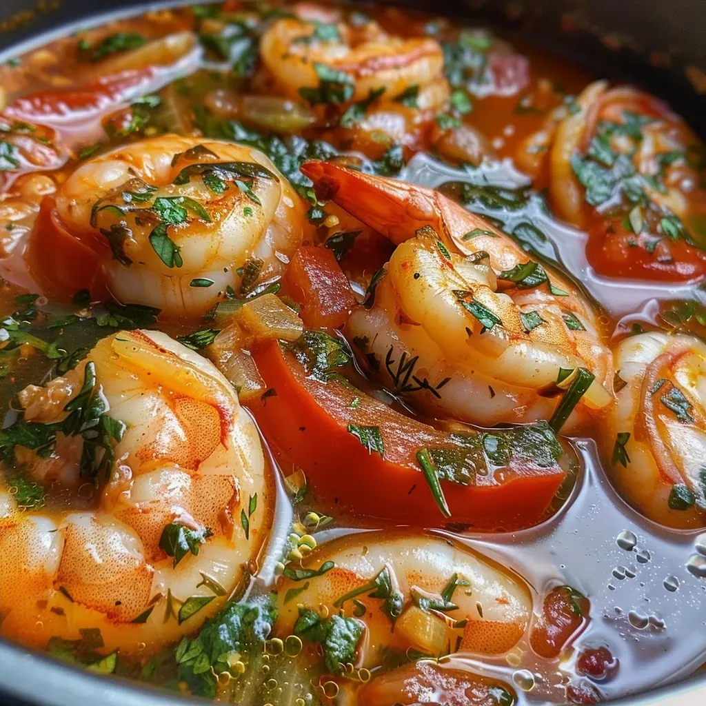 ['A close-up view of a bowl of Mediterranean shrimp soup filled with shrimp, vegetables, and herbs.', 'Side view of a colorful shrimp soup featuring tomatoes, spinach, and garnished with herbs.', 'Juicy shrimp and vibrant vegetables in a rustic bowl of Mediterranean soup.', 'A hearty portion of shrimp soup highlighting fresh ingredients like bell peppers and dill.']