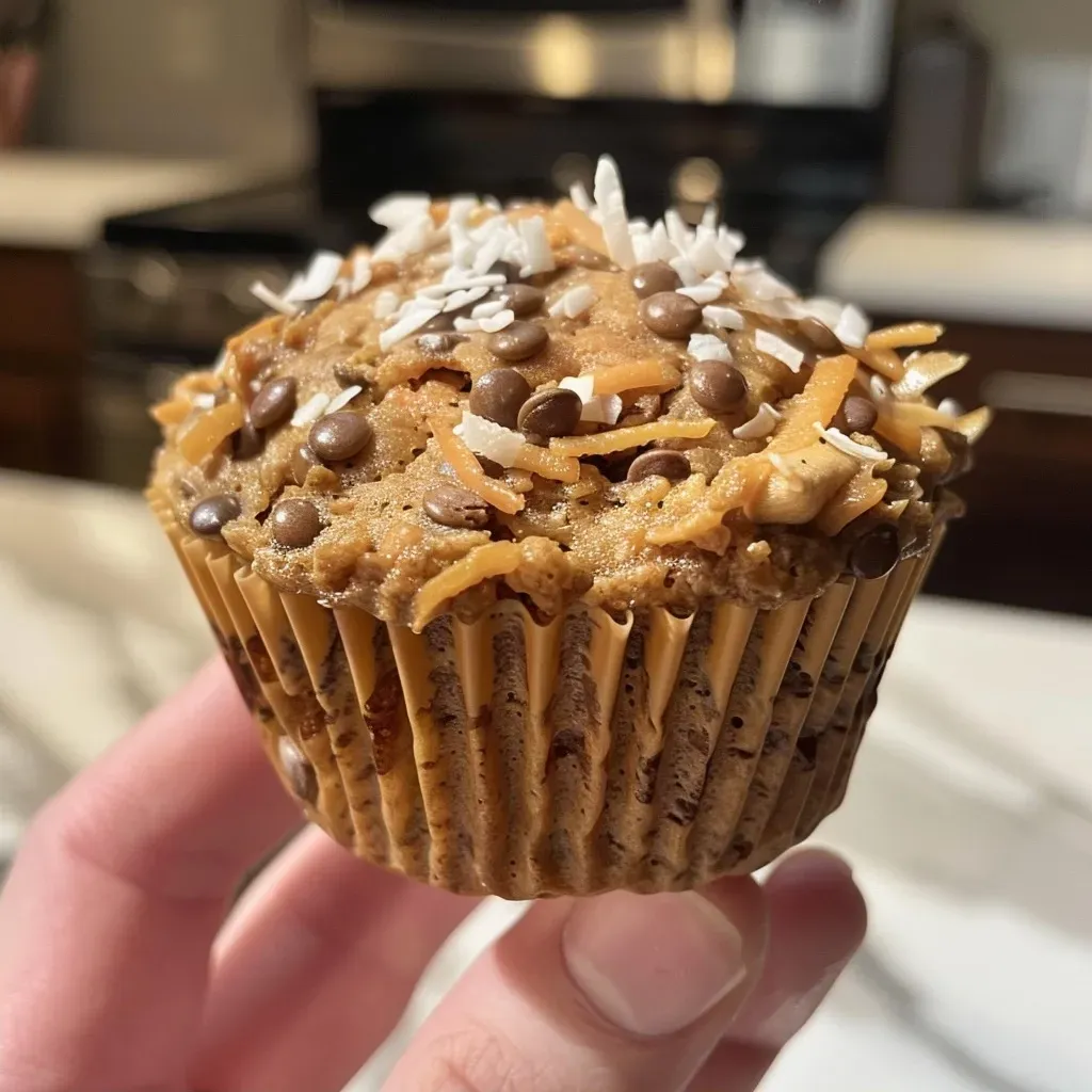 ['Close-up view of a moist high protein muffin with shredded carrots and coconut.', 'Side angle of a delicious, freshly baked muffin highlighting its fluffy texture.', 'Juicy high protein muffin with visible carrot shreds and coconut flakes, set against a neutral background.', 'Detailed close-up of a healthy muffin showcasing its gooey interior and topping.']