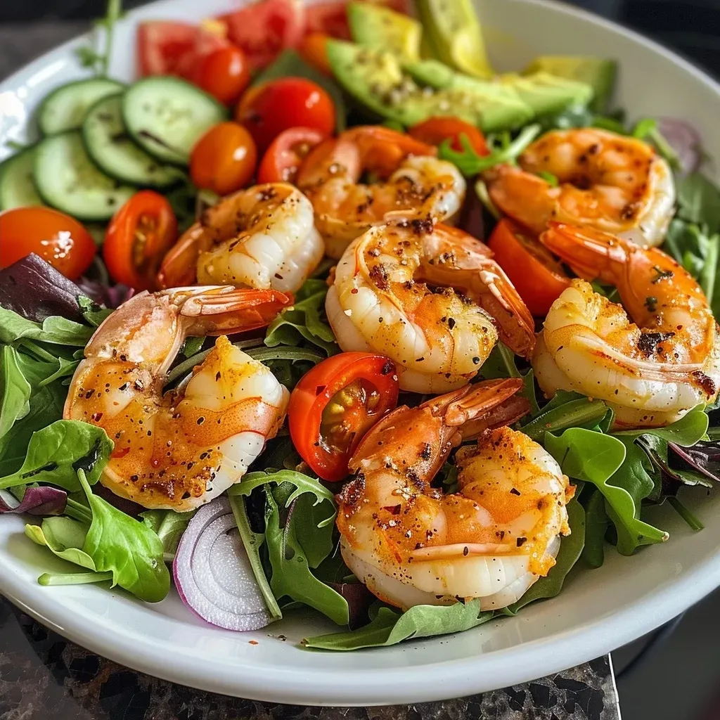 ['Close-up view of a vibrant High-protein Shrimp Salad with shrimp, mixed greens, and vegetables.', 'A colorful Shrimp Salad featuring avocado, cherry tomatoes, and cucumber, presented in a bowl.', 'Side view of a delicious shrimp salad garnished with red onion and sprinkled spices.', 'Fresh High-protein Shrimp Salad showcasing juicy shrimp and assorted greens in a light dressing.']