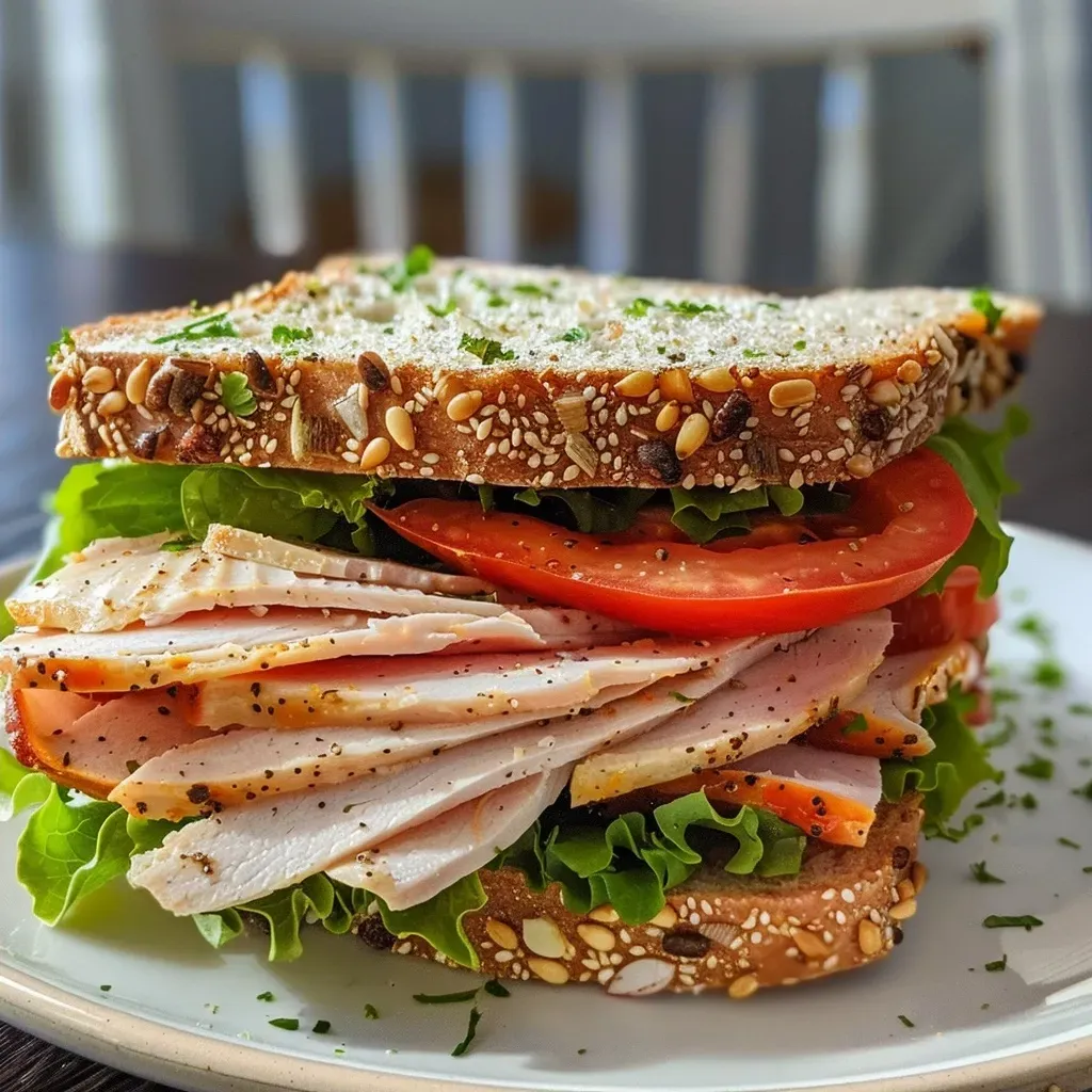 ['Close-up view of a high-protein turkey sandwich with fresh lettuce and toppings.', 'Side view of a juicy turkey sandwich layered with Greek yogurt and spices on high-protein bread.', 'High-protein turkey sandwich showcasing turkey breast, cheese, and vegetables in a gourmet presentation.', 'Delicious turkey sandwich with a golden crust, garnished with lettuce, tomato, and a dollop of yogurt.']