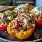 ['Close-up view of juicy high protein unstuffed peppers with ground beef and cheese.', 'Side view of colorful unstuffed peppers filled with beef and topped with melted mozzarella.', 'Detailed shot of healthy unstuffed peppers showcasing vibrant colors and rich ingredients.', 'Appetizing high protein unstuffed peppers featuring ground beef, tomatoes, and fresh herbs.']