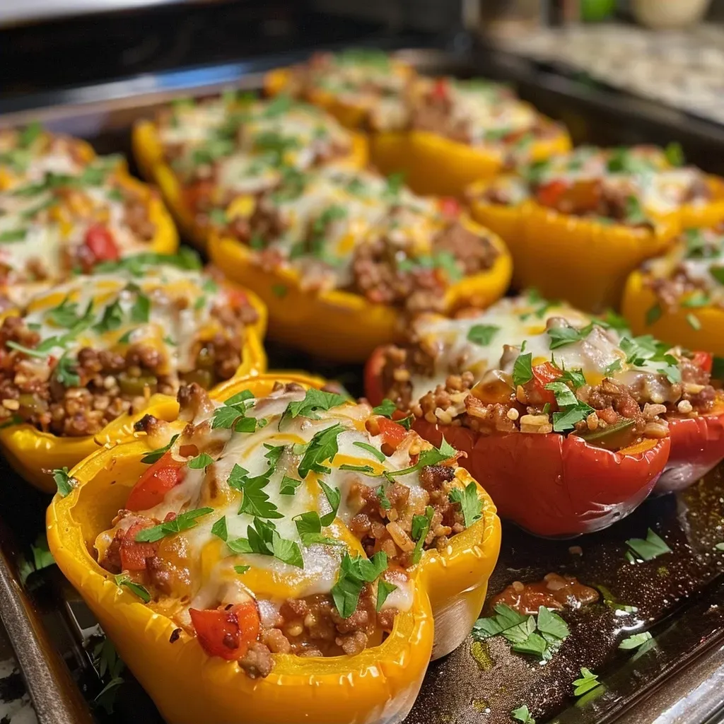 ['Close-up view of juicy high protein unstuffed peppers with ground beef and cheese.', 'Side view of colorful unstuffed peppers filled with beef and topped with melted mozzarella.', 'Detailed shot of healthy unstuffed peppers showcasing vibrant colors and rich ingredients.', 'Appetizing high protein unstuffed peppers featuring ground beef, tomatoes, and fresh herbs.']