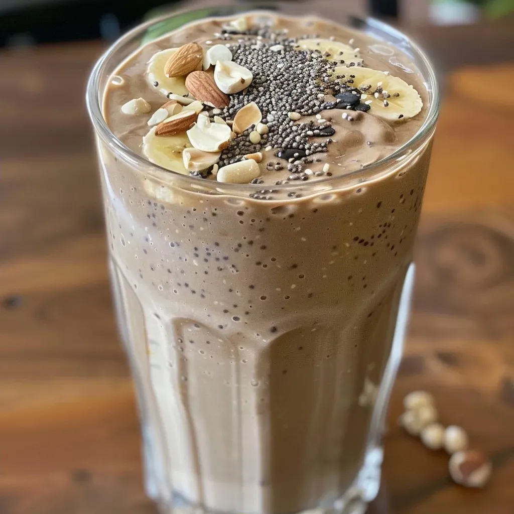['Close-up of layered vegan smoothie with colorful fruits and seeds in a mason jar.', 'Side view of a mason jar filled with high-protein vegan smoothie ingredients, showcasing vibrant colors.', 'Mason jar containing a thick, green smoothie with visible chia seeds and banana slices.', 'Healthy vegan smoothie displayed in a mason jar, highlighting ingredients like blueberries and spinach.']