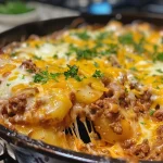 ['Close-up of Hobo Casserole with ground beef, potatoes, and melted cheese.', 'Side view of a hearty Hobo Casserole served in a dish, showcasing layers of ingredients.', 'Juicy Hobo Casserole featuring ground beef, potatoes, and herbs in a vibrant presentation.', 'Delicious plate of Hobo Casserole highlighting ground beef and cheese toppings.']
