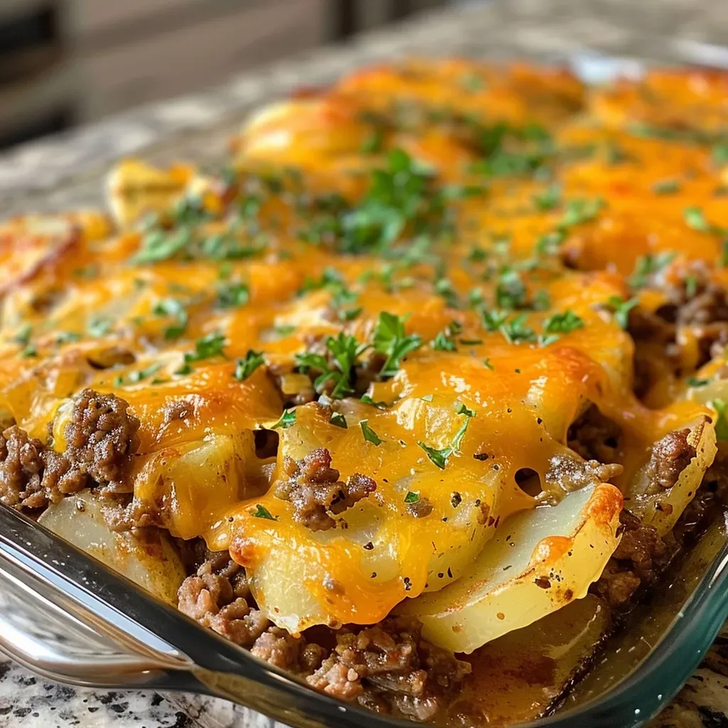 ['Close-up of Hobo Casserole with ground beef, potatoes, and melted cheese.', 'Side view of a hearty Hobo Casserole served in a dish, showcasing layers of ingredients.', 'Juicy Hobo Casserole featuring ground beef, potatoes, and herbs in a vibrant presentation.', 'Delicious plate of Hobo Casserole highlighting ground beef and cheese toppings.']