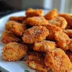 ['Close-up of juicy homemade chicken nuggets on a white plate, showcasing a crispy golden-brown exterior.', 'Side view of a plate filled with golden chicken nuggets, highlighting their crunchy texture and juicy interior.', 'Delicious homemade chicken nuggets arranged neatly, displaying their inviting golden color and crispy coating.', 'A tempting view of homemade chicken nuggets on a platter, emphasizing their crispy surface and succulent appearance.']
