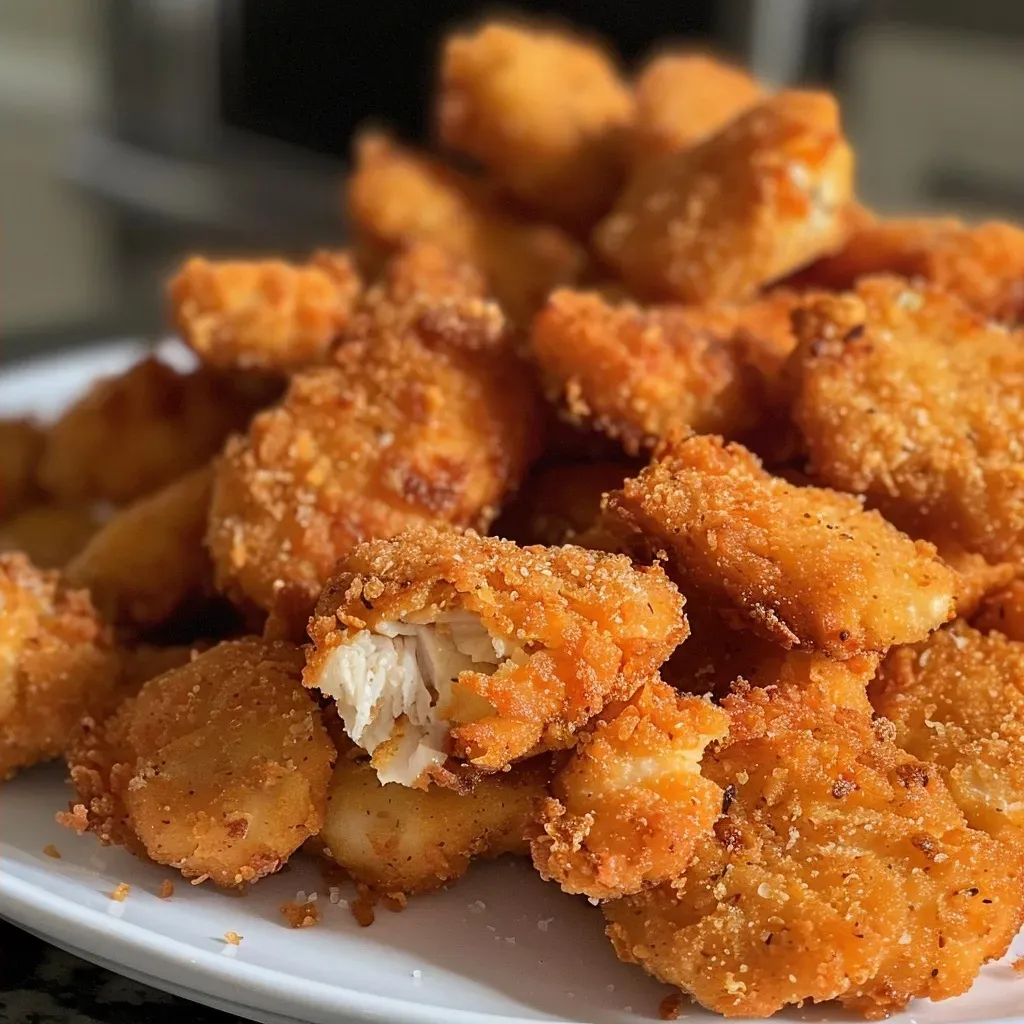 ['Close-up of juicy homemade chicken nuggets on a white plate, showcasing a crispy golden-brown exterior.', 'Side view of a plate filled with golden chicken nuggets, highlighting their crunchy texture and juicy interior.', 'Delicious homemade chicken nuggets arranged neatly, displaying their inviting golden color and crispy coating.', 'A tempting view of homemade chicken nuggets on a platter, emphasizing their crispy surface and succulent appearance.']