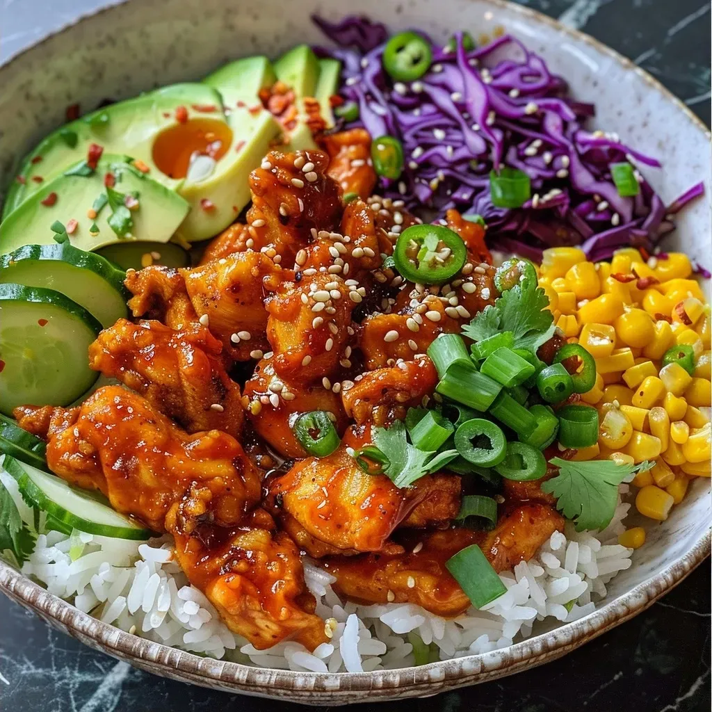 ['Close-up of a Hot Honey Chicken Bowl featuring juicy chicken, rice, avocado, and colorful veggies.', 'Side view of a Hot Honey Chicken Bowl with chicken thighs, garnished with green onions and sesame seeds.', 'Delicious Hot Honey Chicken Bowl showcasing a vibrant mix of ingredients including rice, avocado, and pickled onions.', 'Close-up image of a juicy Hot Honey Chicken Bowl with honey-glazed chicken, fresh cucumbers, and drizzled sriracha mayo.']