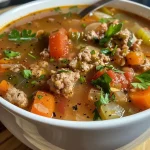 ['Close-up view of a bowl of Italian Turkey Burger Soup with visible vegetables.', 'Side angle of Italian Turkey Burger Soup showing ground turkey and colorful vegetables.', 'A tempting bowl of Italian Turkey Burger Soup garnished with parsley.', 'Detail shot of a hearty soup featuring ground turkey, tomatoes, and herbs.']