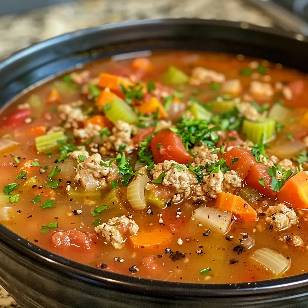 ['Close-up view of a bowl of Italian Turkey Burger Soup with visible vegetables.', 'Side angle of Italian Turkey Burger Soup showing ground turkey and colorful vegetables.', 'A tempting bowl of Italian Turkey Burger Soup garnished with parsley.', 'Detail shot of a hearty soup featuring ground turkey, tomatoes, and herbs.']