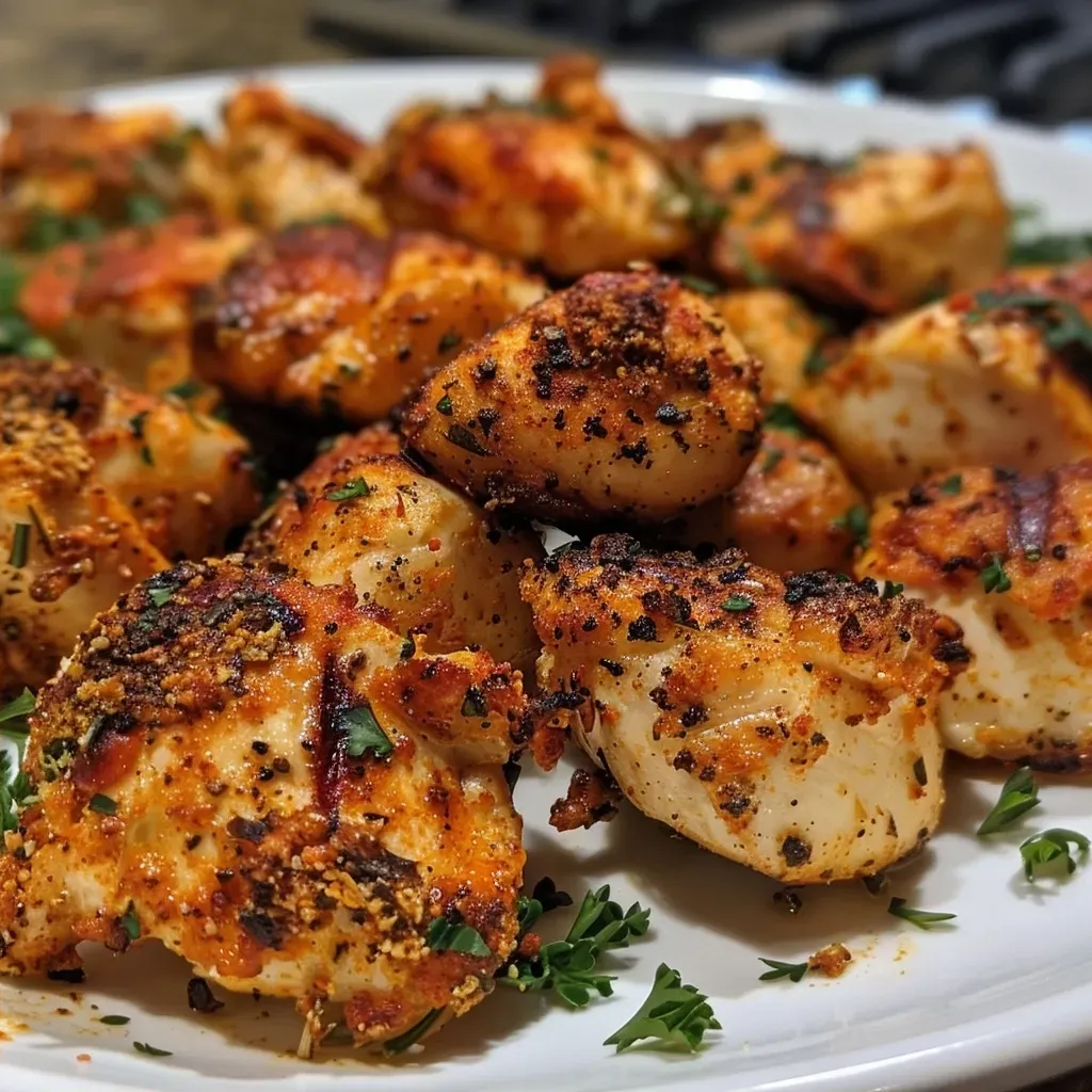 ['Close-up view of juicy baked chicken bites seasoned with herbs.', 'Side angle of golden-brown chicken bites on a plate.', 'Juicy baked chicken pieces garnished with fresh parsley.', 'Appetizing chicken bites with a crispy exterior and juicy interior.']