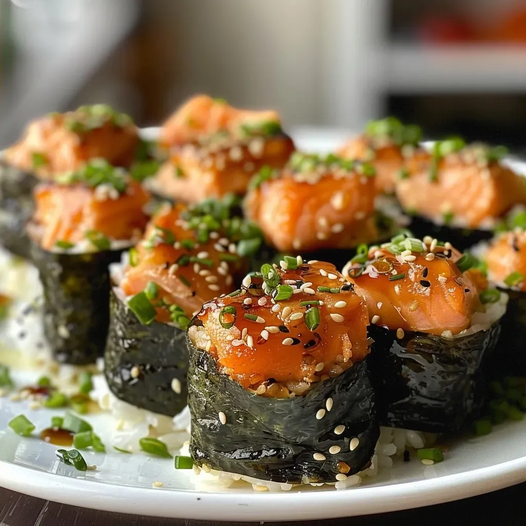 ['Close-up view of a moist Killer Crack Salmon Muffin, showcasing salmon chunks and sesame seeds.', 'Side perspective of a delicious salmon muffin, topped with scallions and garnished with sesame seeds.', 'Juicy salmon muffin with a golden crust, highlighting fresh ingredients like ginger and scallions.', 'A savory salmon muffin displayed on a plate, emphasizing its flaky texture and vibrant toppings.']