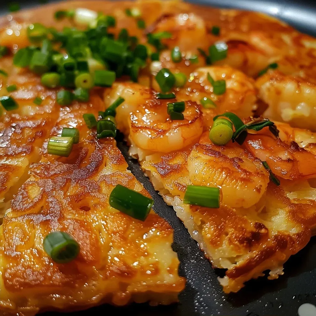 ['A close-up side view of a golden-brown Korean prawn pancake with visible prawns and green scallions.', 'Juicy Korean prawn pancake shown from the side, showcasing its crispy texture and vibrant ingredients.', 'A detailed view of a Korean prawn pancake, highlighting the shrimp and green onions embedded in the batter.', 'Side angle of a delicious Korean prawn pancake, emphasizing its crispy edges and moist interior.']