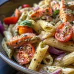 ['Close-up of a Lemon Salmon Pasta Salad featuring vibrant ingredients.', 'Side view of a fresh Lemon Salmon Pasta Salad with salmon and cherry tomatoes.', 'Juicy Lemon Salmon Pasta Salad highlighting penne, pesto, and basil.', 'Colorful Lemon Salmon Pasta Salad with cherry tomatoes and grated parmesan.']