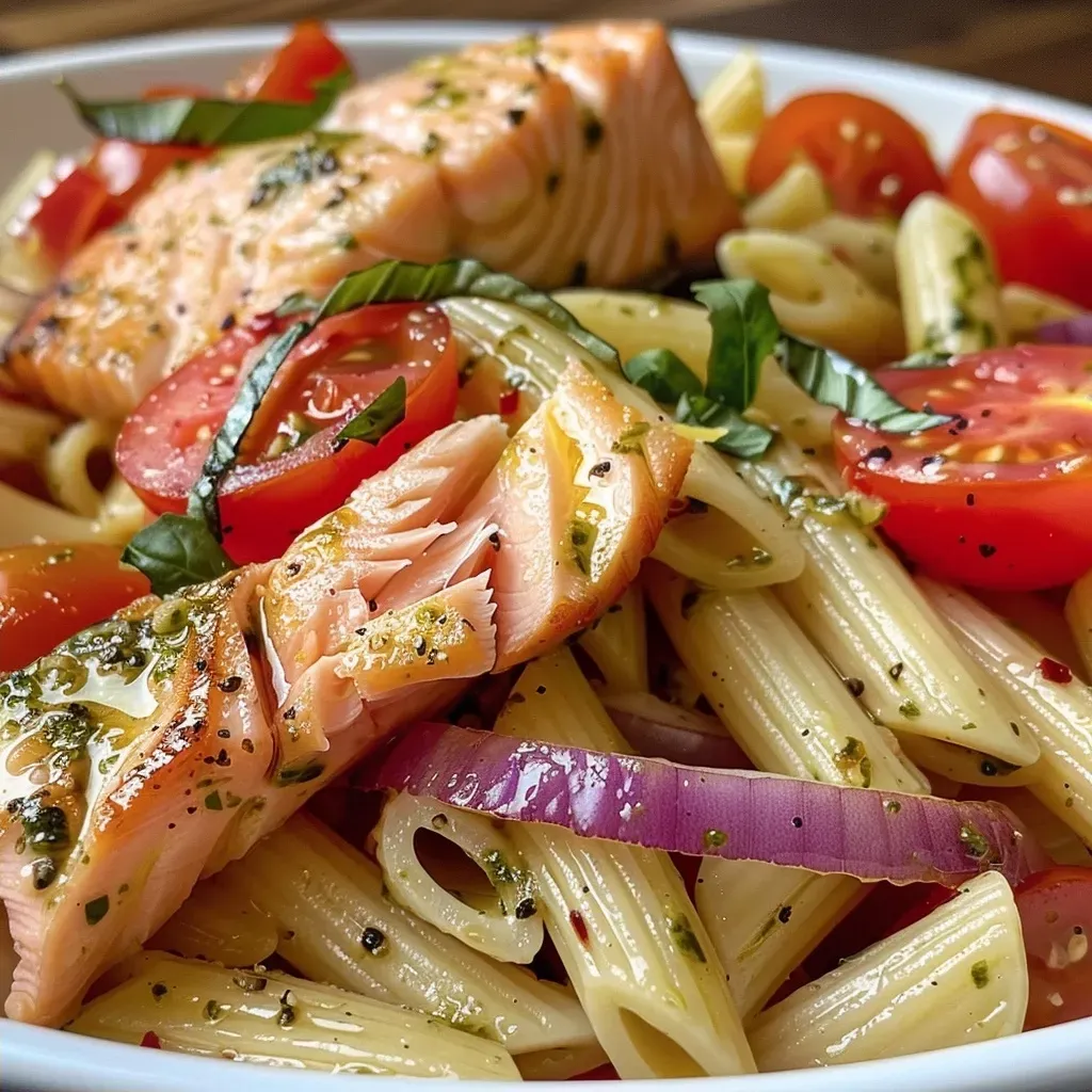 ['Close-up of a Lemon Salmon Pasta Salad featuring vibrant ingredients.', 'Side view of a fresh Lemon Salmon Pasta Salad with salmon and cherry tomatoes.', 'Juicy Lemon Salmon Pasta Salad highlighting penne, pesto, and basil.', 'Colorful Lemon Salmon Pasta Salad with cherry tomatoes and grated parmesan.']