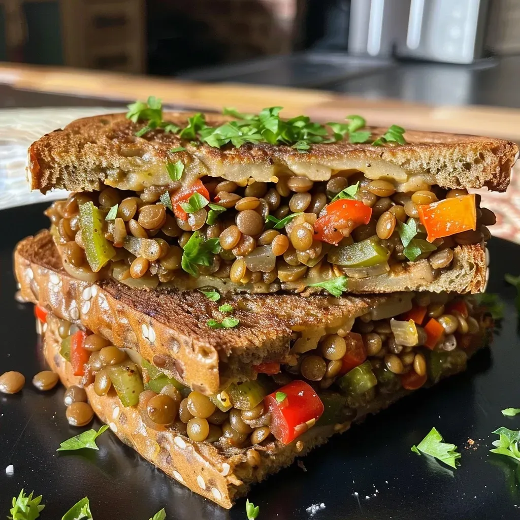 ['Close-up view of juicy Lentil Manwiches with colorful peppers and lentils.', 'Side view of a hearty Lentil Manwich, showcasing its rich ingredients and texture.', 'Delicious Lentil Manwiches featuring a variety of vibrant vegetables and sauces.', 'Appetizing close-up of Lentil Manwiches, highlighting the minced peppers and savory filling.']
