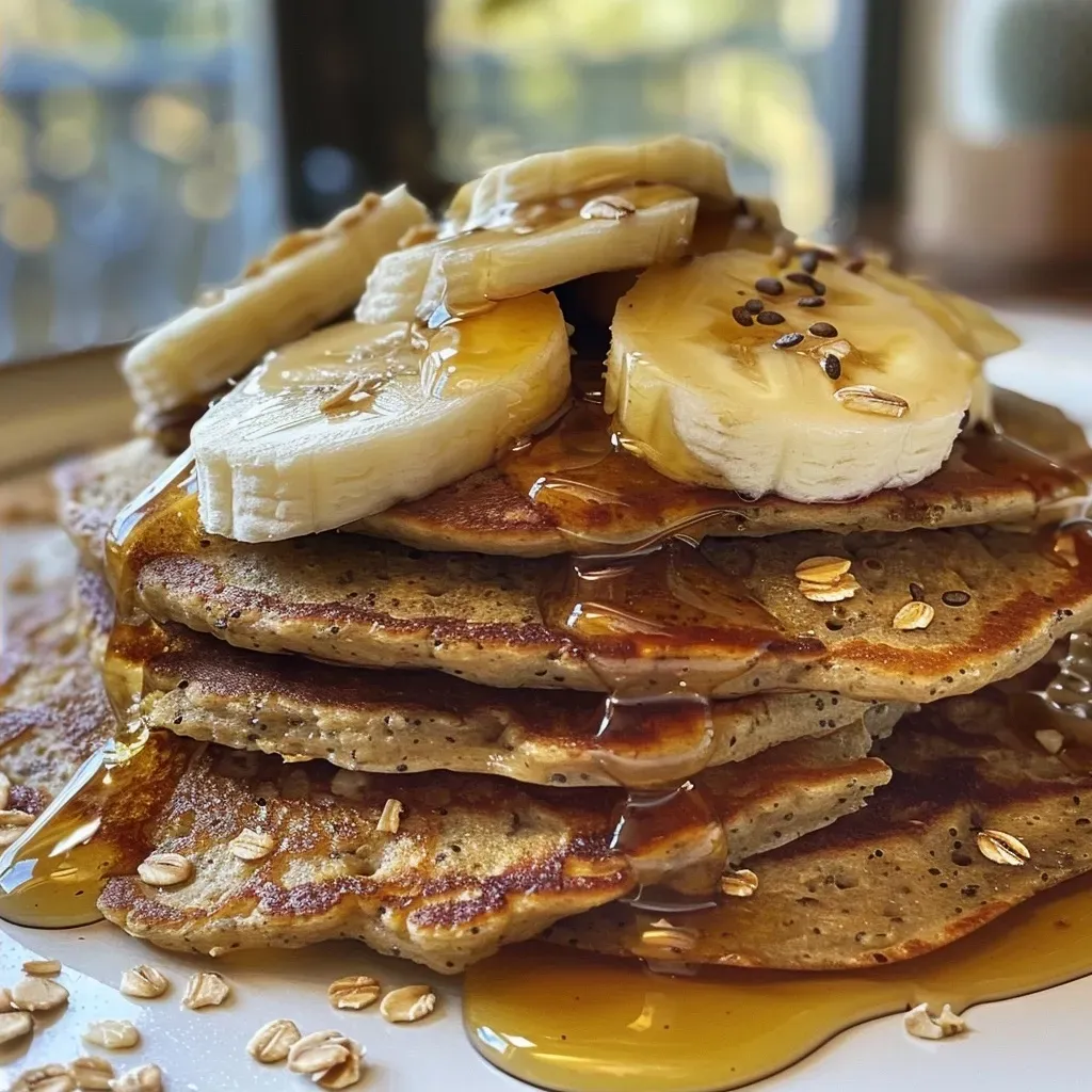 ['Close-up of golden-brown lentil protein pancakes stacked on a plate.', 'Side view of delicious lentil protein pancakes, drizzled with syrup.', 'Juicy lentil protein pancakes with a soft texture, ready to eat.', 'A plate of lentil protein pancakes topped with fresh banana slices.']