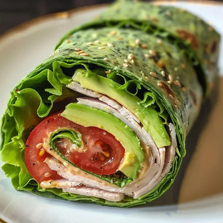 ['Close-up side view of a juicy turkey spinach wrap filled with fresh ingredients.', 'A vibrant low-calorie turkey spinach wrap showcasing layers of turkey, avocado, and tomato.', 'Detailed view of a spinach wrap with turkey, cheese, and greens, captured in natural light.', 'Colorful turkey and spinach wrap with sliced vegetables and dressing, photographed from the side.']