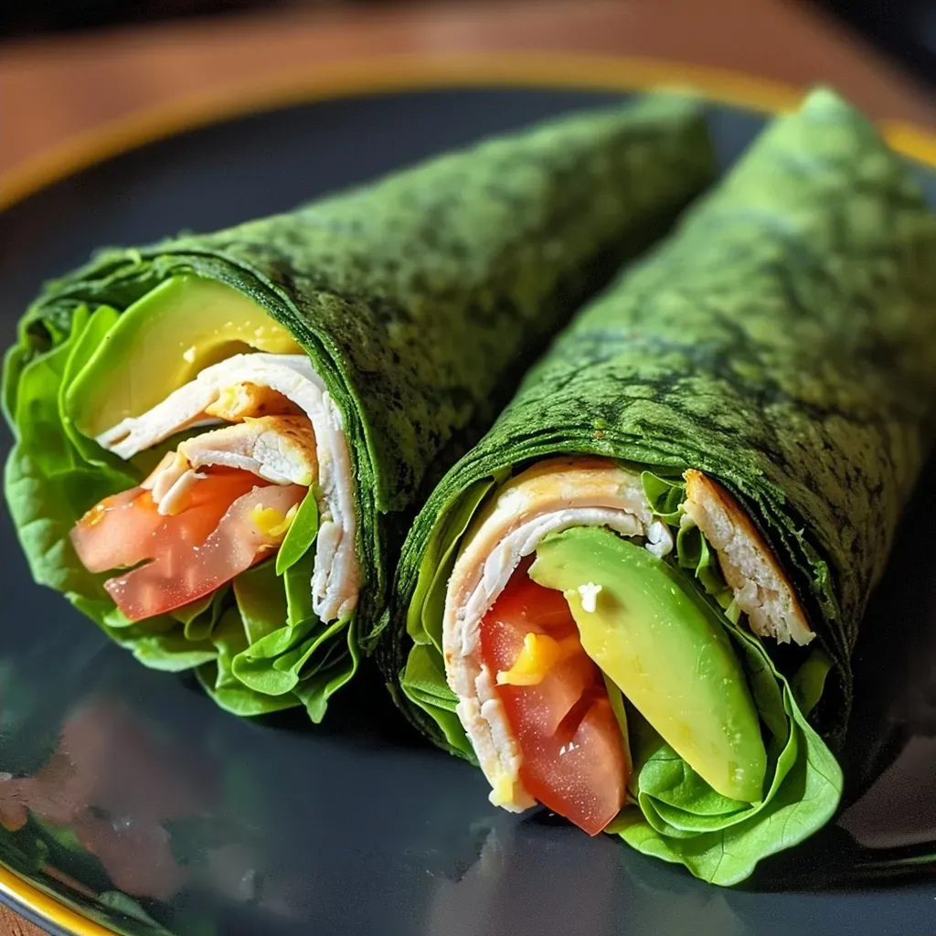 ['Close-up side view of a juicy turkey spinach wrap filled with fresh ingredients.', 'A vibrant low-calorie turkey spinach wrap showcasing layers of turkey, avocado, and tomato.', 'Detailed view of a spinach wrap with turkey, cheese, and greens, captured in natural light.', 'Colorful turkey and spinach wrap with sliced vegetables and dressing, photographed from the side.']