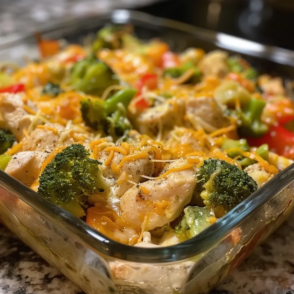 ['Side view of a juicy Low Carb Chicken Casserole with melted cheese on top.', 'Close-up image of a savory Low Carb Chicken Casserole showing layers of chicken and vegetables.', 'Delicious Low Carb Chicken Casserole featuring broccoli, bell peppers, and cheese.', 'Tasty Low Carb Chicken Casserole served in a baking dish, highlighting its creamy texture.']