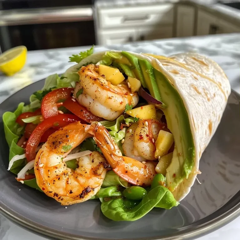 ['A close-up view of a low carb shrimp wrap filled with fresh ingredients.', 'Side angle of a shrimp wrap showcasing vibrant vegetables and shrimp.', 'Juicy low carb shrimp wrap displayed with colorful toppings and garnishes.', 'Detailed shot of a shrimp wrap revealing layers of shrimp and fresh veggies.']