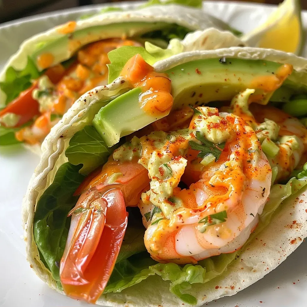 ['A close-up view of a low carb shrimp wrap filled with fresh ingredients.', 'Side angle of a shrimp wrap showcasing vibrant vegetables and shrimp.', 'Juicy low carb shrimp wrap displayed with colorful toppings and garnishes.', 'Detailed shot of a shrimp wrap revealing layers of shrimp and fresh veggies.']