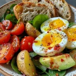 ['A close-up view of a vibrant lunch salad featuring soft-boiled eggs and fresh vegetables.', 'A side perspective of a colorful salad with sliced soft-boiled eggs, cherry tomatoes, avocado, and spinach.', 'A detailed shot of a hearty salad, showcasing soft-boiled eggs atop a mix of greens and vegetables.', 'A visually appealing close-up of a nutritious lunch salad including soft-boiled eggs and pan-seared potatoes.']