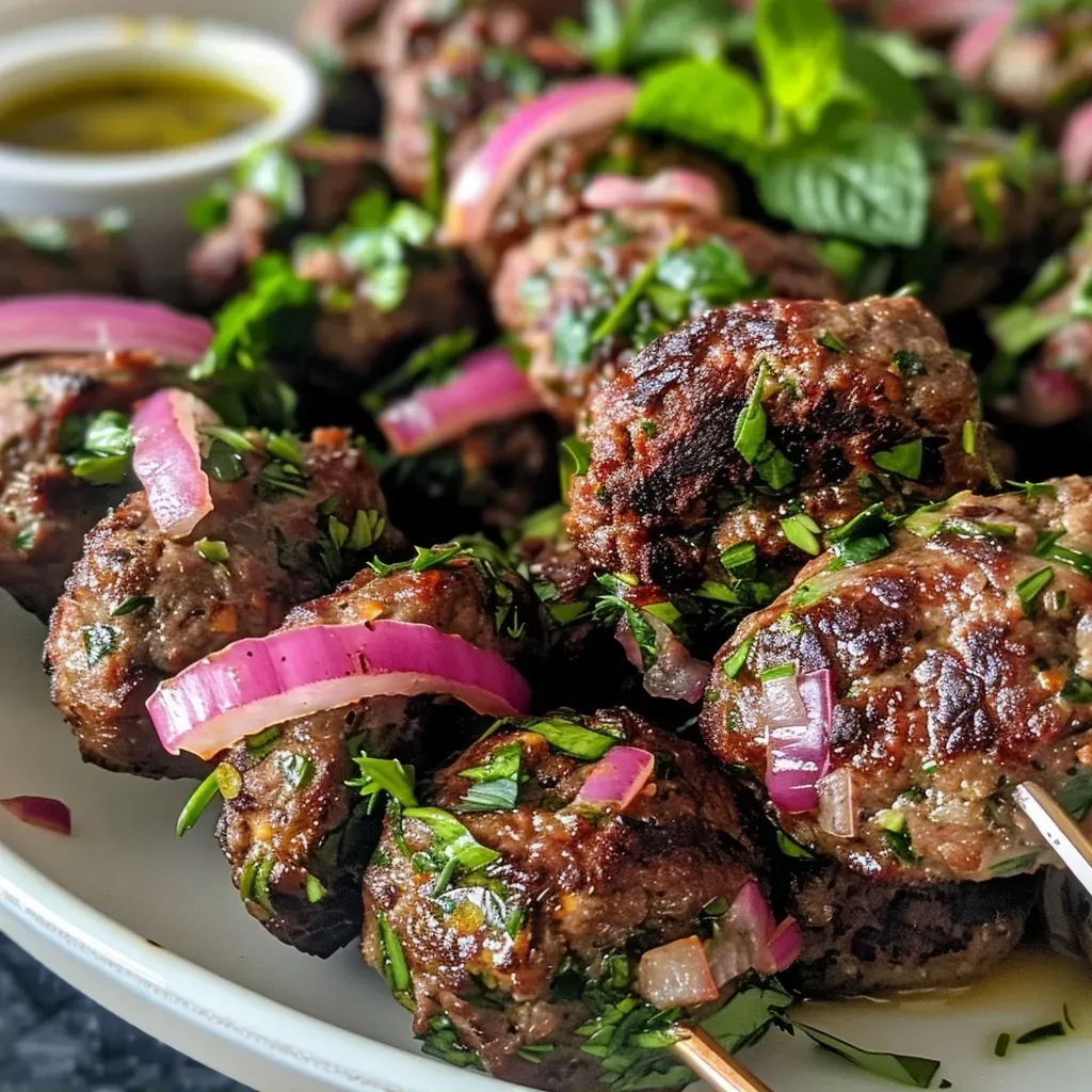 ['Close-up view of juicy Mediterranean Beef Kofta on a plate, garnished with fresh herbs.', 'Side angle of a perfectly grilled Mediterranean Beef Kofta, served with cucumber yogurt sauce.', 'Delicious Mediterranean Beef Kofta, featuring a rich brown color and vibrant garnish.', 'Aromatic Mediterranean Beef Kofta, showcasing its tender texture and fresh ingredients.']