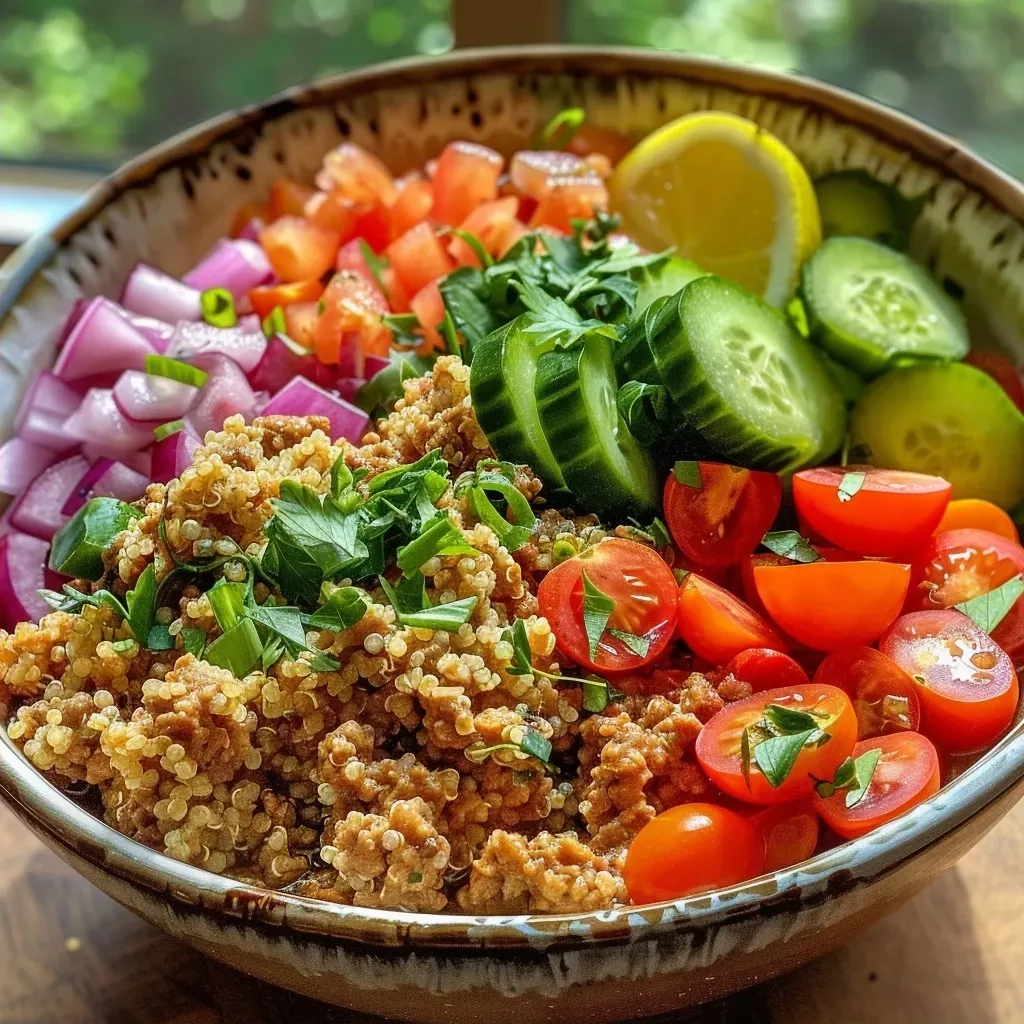 ['Close-up of a Mediterranean bowl filled with ground turkey and quinoa, garnished with fresh vegetables.', 'Side view of a colorful Mediterranean bowl featuring quinoa, ground turkey, and diced vegetables.', 'Juicy Mediterranean bowl with ground turkey, quinoa, cherry tomatoes, and cucumber in a vibrant presentation.', 'Detailed shot of a Mediterranean-style dish showcasing quinoa and ground turkey with fresh herbs.']